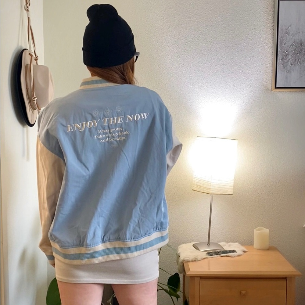 Princess Polly Blue and Beige Varsity Jacket